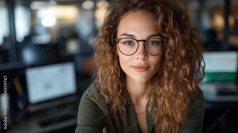 A curly-haired woman wearing glasses sits at her desk with a warm smile, exuding professionalism and positivity amidst the backdrop of her tech-filled office. A curly-haired woman wearing glasses sits at her desk with a warm smile, exuding professionalism and positivity amidst the backdrop of her tech-filled office.