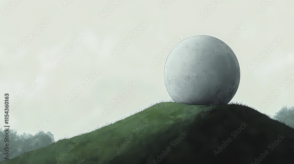 A serene gray sphere rests gently atop a verdant hill under a pale sky. Verdantine. Illustration A serene gray sphere rests gently atop a verdant hill under a pale sky. Verdantine. Illustration