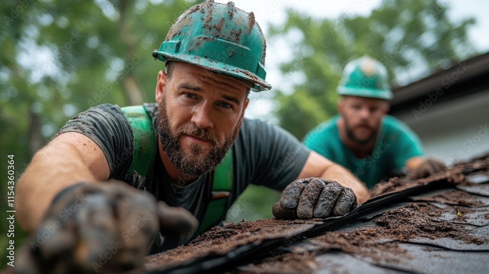 Two construction workers dressed in blue-green attire and helmets are busy repairing a muddy roof, set against a blurred, green tree background, indicating focus and teamwork.