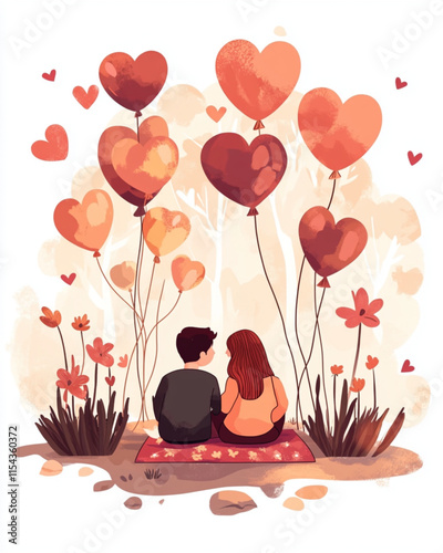 Romantic Valentines Day picnic illustration with couple and balloons