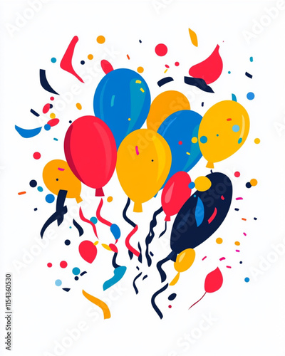 Flat minimalist illustration logo for birthday party rental service with bounce house and confetti