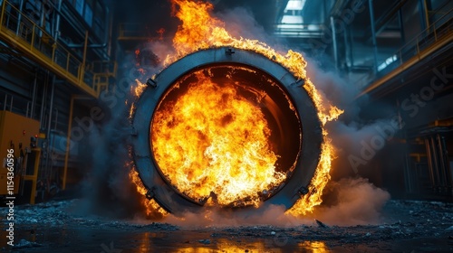 A blazing firestorm engulfs a cylindrical industrial furnace, illustrating the immense energy and transformation occurring in modern manufacturing environments.
