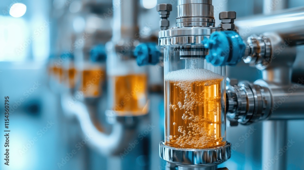 A transparent cylinder showcases a bright amber liquid, likely part of a brewing or filtration process. The industrial setting is clean and controlled for precise operations. A transparent cylinder showcases a bright amber liquid, likely part of a brewing or filtration process. The industrial setting is clean and controlled for precise operations.