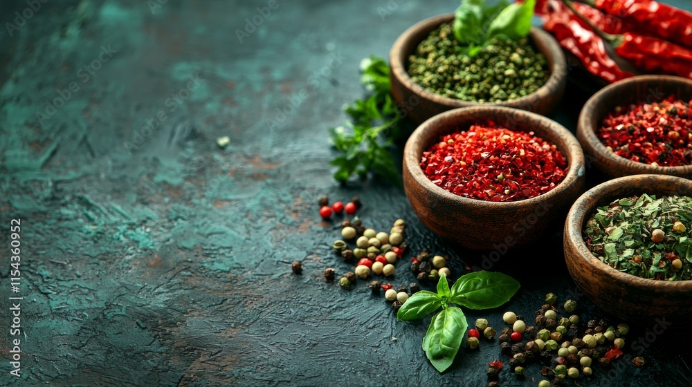 Fototapeta premium Assorted spices in bowls on a turquoise surface