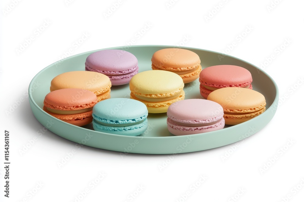 Obraz premium Colorful macaron display on a mint green plate with various flavors and shades