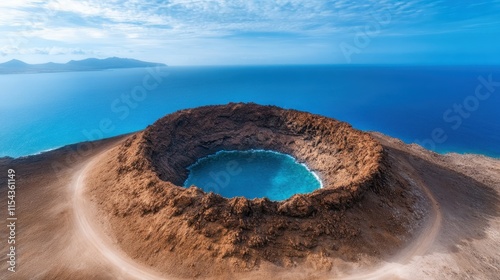 The image shows a crater filled with clear water against a backdrop of the vast azure sea, blending natural geological phenomena with an artistic seascape view. photo