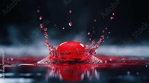 A red sphere splashes dramatically in vibrant red liquid, with a bold color contrast and energetic motion, capturing a moment frozen in artistic dynamic detail. photo