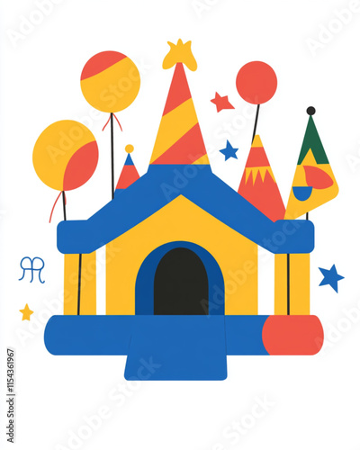 Vector birthday party rental logo with bounce house and hats