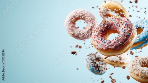 An array of donuts with different frostings and sprinkles suspended against a calm blue background, capturing a moment of artistic sweetness and indulgence. photo