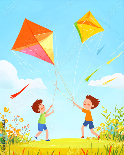 Minimalist illustration of children flying kites in spring field