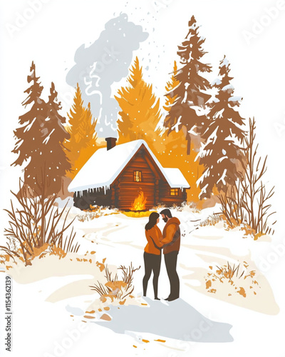 Elopement to Snowy Cabin Minimalist Flat Illustration on white