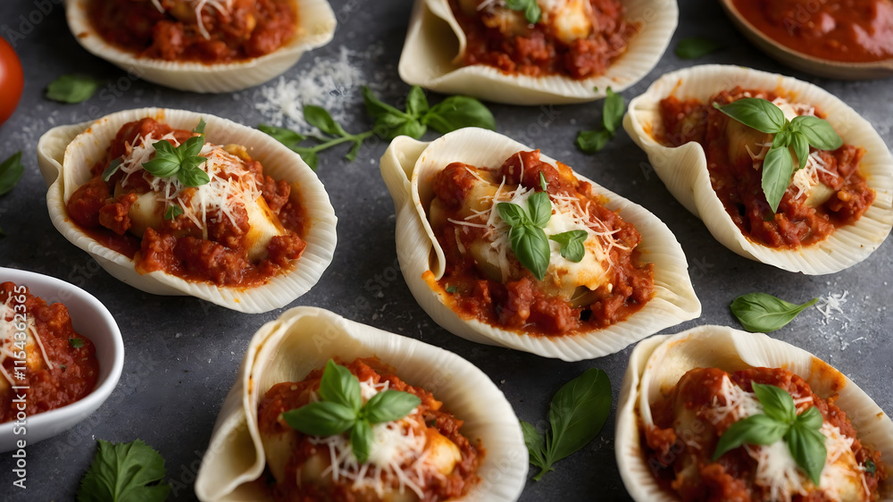 Italian Stuffed Shells with Marinara and Mozzarella on a Gourmet Dinner Plate Italian Stuffed Shells with Marinara and Mozzarella on a Gourmet Dinner Plate