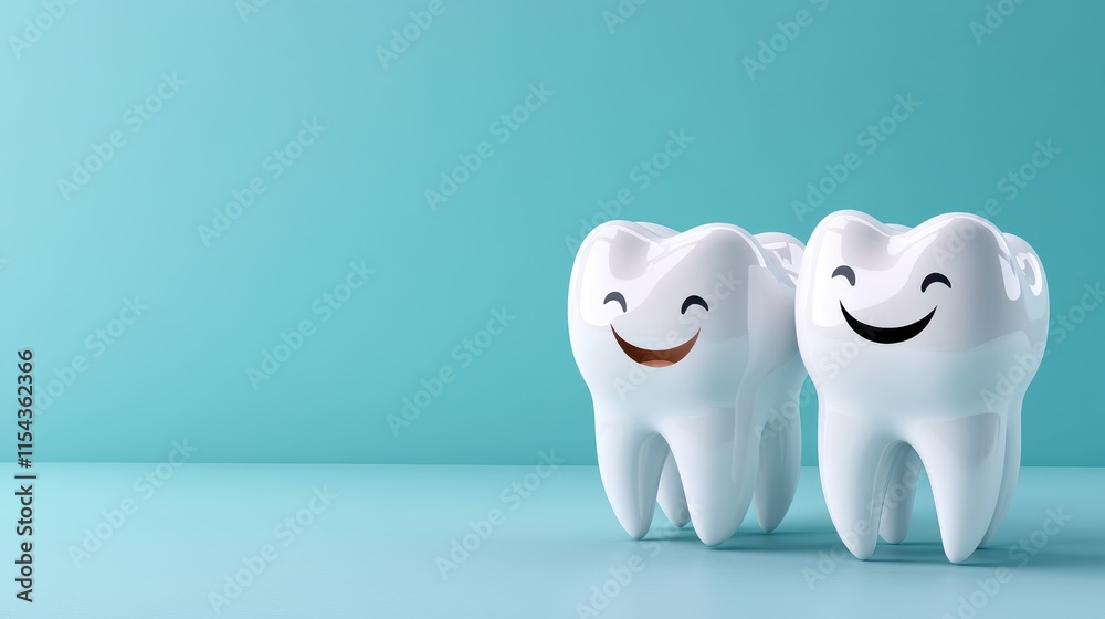 Two cartoon teeth with happy faces and shiny surface are smiling on a bright turquoise background, creating a playful and cheerful dental image. Two cartoon teeth with happy faces and shiny surface are smiling on a bright turquoise background, creating a playful and cheerful dental image.