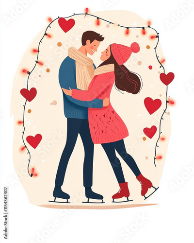 Vector illustration Couple ice skating on Valentines Day