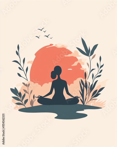 Minimalist spring wellness retreat logo with tranquil landscape and yoga