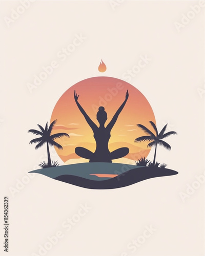Minimalist spring wellness retreat logo with tranquil landscape and yoga