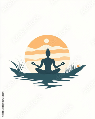 Minimalist spring wellness retreat logo with tranquil landscape and yoga