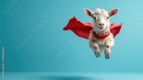 A spirited goat with a red cape is seen soaring in front of a clear blue sky, embodying themes of freedom, youthful vigor, and whimsical adventure. photo