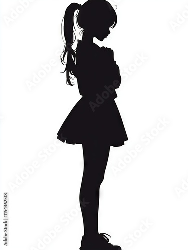 Silhouette of a girl with ponytail, standing.