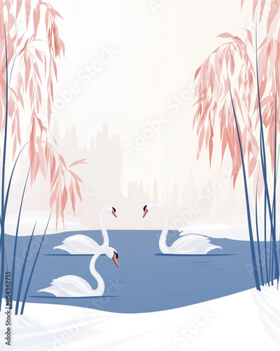 Wedding invitation with lakeside scene and swans illustration