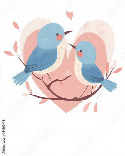 Lovebird illustration for Valentines card in soft pastels