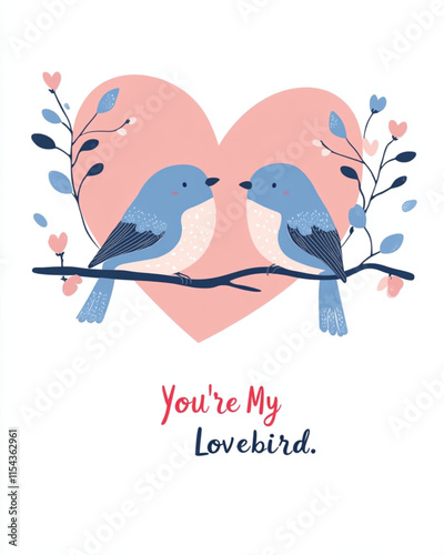 Lovebird illustration for Valentines card in soft pastels