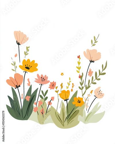 Minimalist spring greeting card design with wildflowers on white
