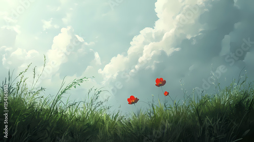 A few red blossoms resting on a verdant meadow beneath a cloudy sky. Verdantine. Illustration