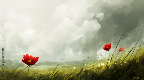 A few red blossoms resting on a verdant meadow beneath a cloudy sky. Verdantine. Illustration