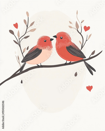 Minimalist Valentines Day thank you card with lovebirds illustration