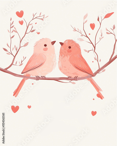 Minimalist Valentines Day thank you card with lovebirds illustration
