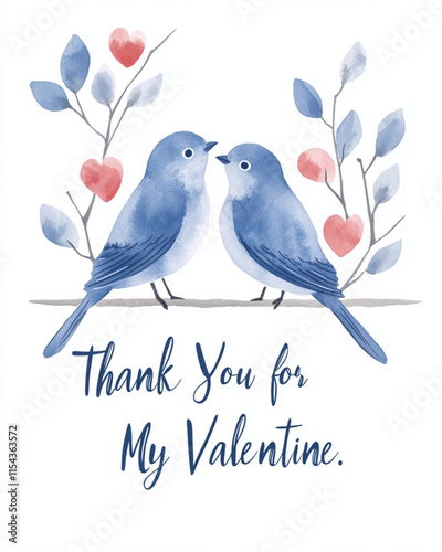 Minimalist Valentines Day thank you card with lovebirds illustration