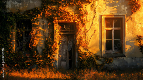 A forgotten facade, overgrown with verdant vines, bathed in the warm glow of a golden sunset, whispers tales of a bygone era. Verdantine. Illustration