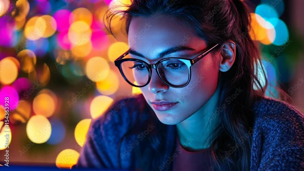 Young woman with glasses focused on computer screen surrounded by colorful lights during evening hours