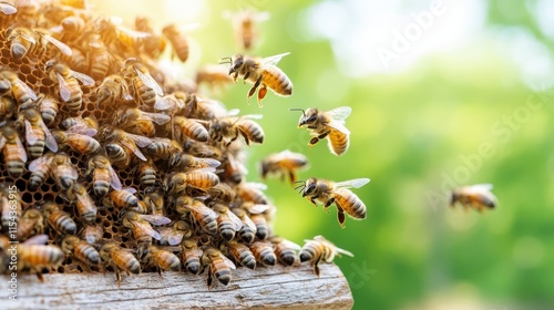 Bees actively flying near a sunlit honeycomb, showcasing the dynamic energy of these insects as they work collectively in their natural habitat to sustain their colony. photo