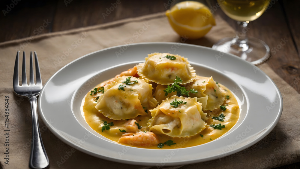 Gourmet Seafood Ravioli with Saffron Cream Sauce and Vegetables on a Dinner Plate