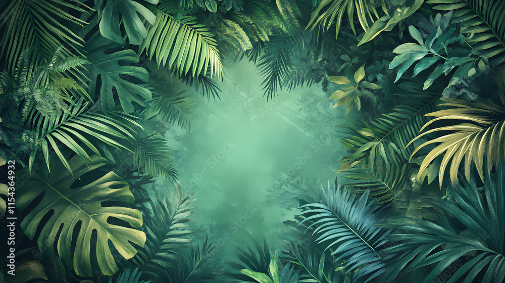 A lush canopy of tropical foliage, creating a verdant frame around a serene green background, evoking tranquility and nature's embrace. Verdantine. Illustration A lush canopy of tropical foliage, creating a verdant frame around a serene green background, evoking tranquility and nature's embrace. Verdantine. Illustration