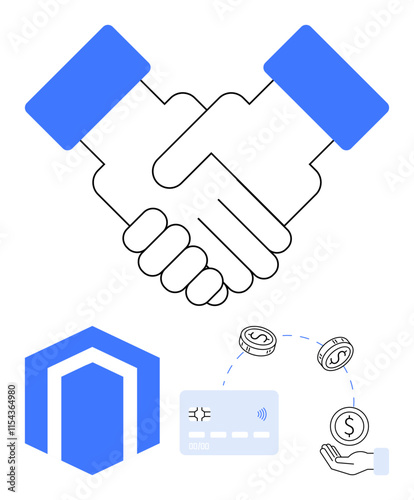 Business handshake indicating partnership. Credit card representing financial services. Coins being transferred illustrating money transactions. Ideal for business, finance, partnerships