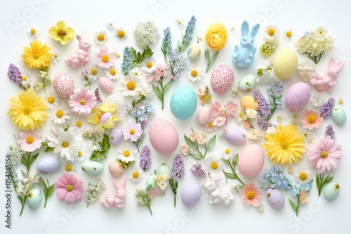 Beautiful springtime arrangement of pastel eggs, flowers, and bunnies for Easter celebration