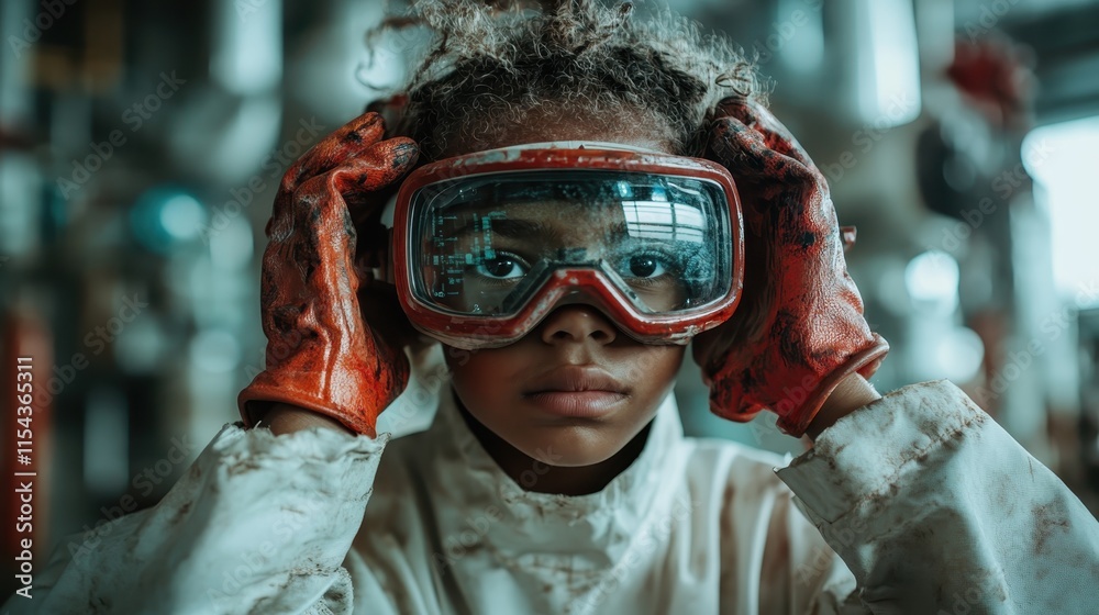 A young child dressed in safety gear, including red gloves and transparent goggles, prepares for an adventure in a professional industrial environment.
