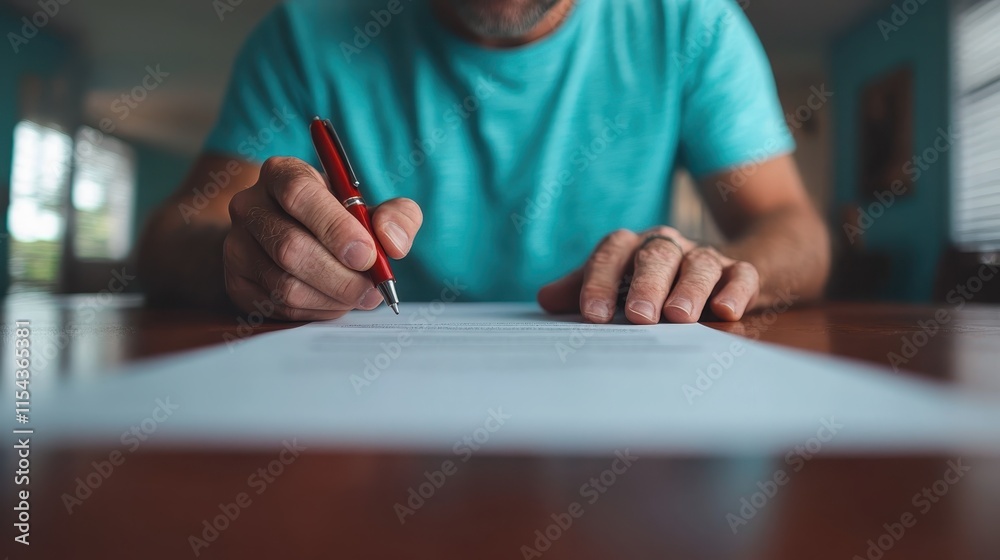 A person's hands shown in a relaxed home setting as he writes on a document with a red pen, encapsulating leisure and focus simultaneously. A person's hands shown in a relaxed home setting as he writes on a document with a red pen, encapsulating leisure and focus simultaneously.