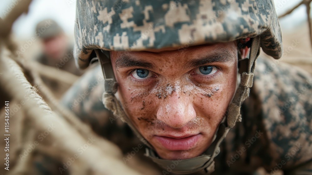 An alert soldier navigates ropes in a challenging obstacle training, his bright eyes focused forward, symbolizing alertness, agility, and mental concentration. An alert soldier navigates ropes in a challenging obstacle training, his bright eyes focused forward, symbolizing alertness, agility, and mental concentration.