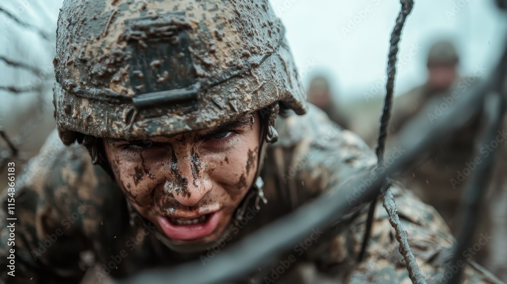 A determined soldier, covered in mud, exudes grit and focus as he crawls through a web of ropes during an intense military training session, symbolizing endurance. A determined soldier, covered in mud, exudes grit and focus as he crawls through a web of ropes during an intense military training session, symbolizing endurance.