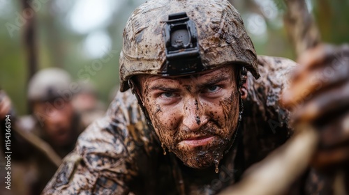 A muddy soldier intensely crawls through a wet and challenging obstacle course, featuring resilience, tactical strength, and an unwavering commitment to mission success. photo