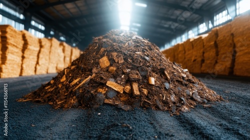 A significant pile of organic compost material lies in an open industrial hall with organized rows of wooden pallets, depicting sustainable resource processing. photo