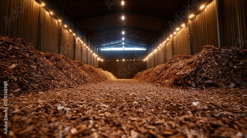 Woodchips line both sides of a welcoming industrial hallway, with ambient lighting overhead creating an inviting atmosphere in a typically utilitarian environment.