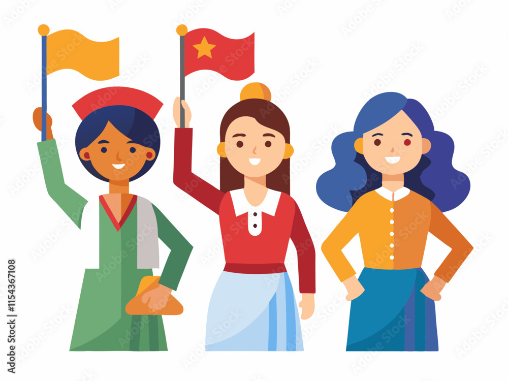 Illustration of Empowered Women with a Flag and Torch Celebrating Unity Illustration of Empowered Women with a Flag and Torch Celebrating Unity
