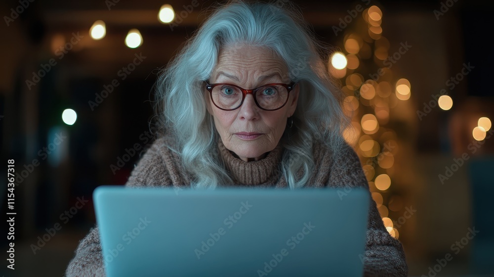 A grey-haired woman wearing glasses and a cozy sweater is engrossed in her laptop, surrounded by softly glowing lights that add warmth to the intimate setting.