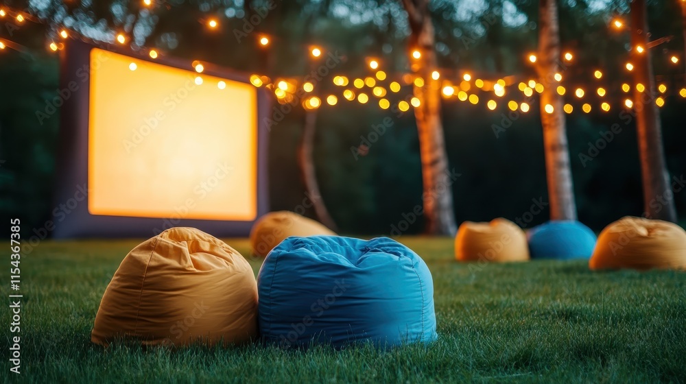 A serene outdoor scene showcasing colorful bean bags arranged on grass with overhead string lights, setting a perfect ambience for an open-air movie experience.