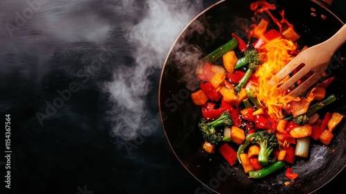 An intense scene of vegetables being stir-fried in a wok with a burst of flames and rising smoke, capturing the dynamic energy of cooking over high heat. photo